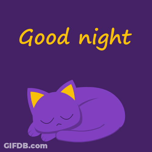 A Purple Cat Is Sleeping On A Purple Background With The Words Good Night Written Above It GIF