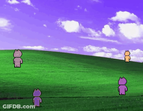 A Purple Cat Is Standing On Top Of A Grassy Hill With Other Cats GIF