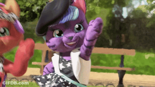 A Purple Cat Wearing A Black Beret And A White Jacket Waving GIF