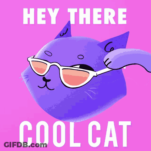 A Purple Cat Wearing Sunglasses Says " Hey There Cool Cat " On A Pink Background GIF
