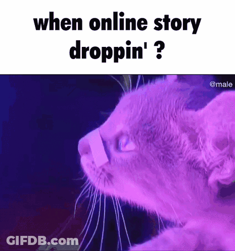 A Purple Cat With A Bandage On Its Nose Is Looking At The Camera With The Words `` When Online Story Droppin ' ? '' GIF