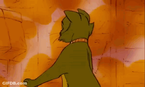 A Purple Cat With A Gold Collar Is Standing On Its Hind Legs In Front Of A Yellow Background . GIF