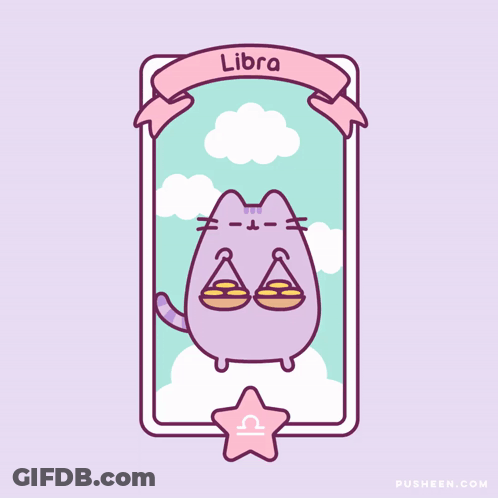 A Purple Cat With Scales On Its Head Is Labeled Libra GIF
