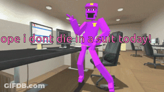 A Purple Character In An Office With The Words " Ope I Dont Die In A Suit Today " On The Bottom GIF