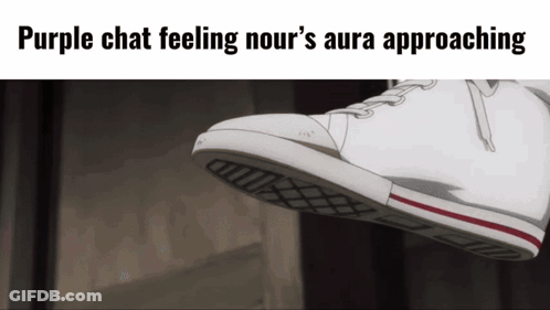 A Purple Chat Feeling Nour 'S Aura Approaching With A Picture Of A Shoe GIF