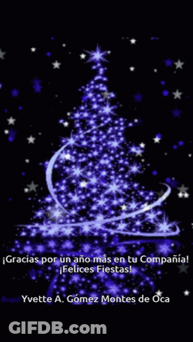 A Purple Christmas Tree With The Name Yvette A. Gomez Montes De Oca At The Bottom GIF
