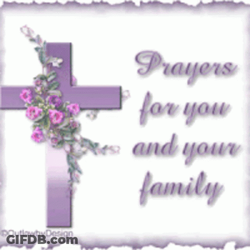 A Purple Cross With Flowers And The Words " Prayers For You And Your Family " Below It GIF