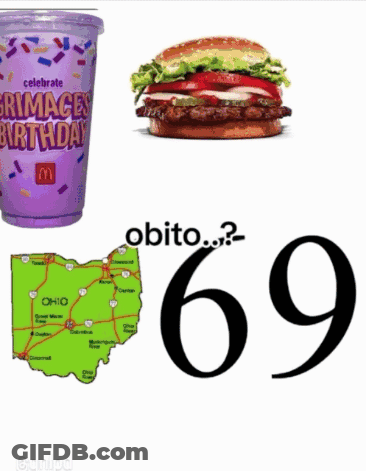 A Purple Cup That Says Celebrate Grimace 'S Birthday Is Next To A Hamburger And A Map Of Ohio GIF