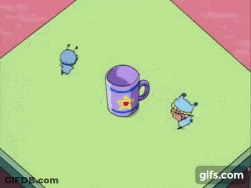 A Purple Cup With A Star On It Is On A Green Table With Three Cartoon Characters . GIF