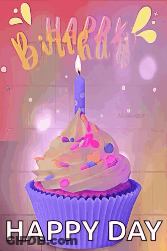 A Purple Cupcake With A Blue Candle On Top Of It And The Words `` Happy Birthday '' . GIF