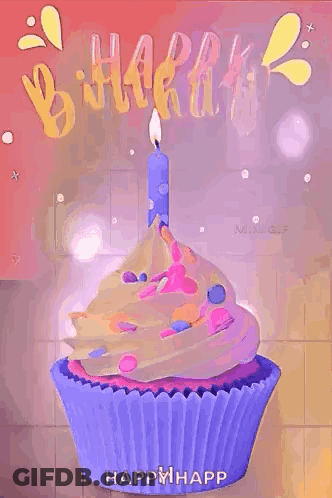 A Purple Cupcake With A Blue Candle On Top Of It Is On A Birthday Card . GIF