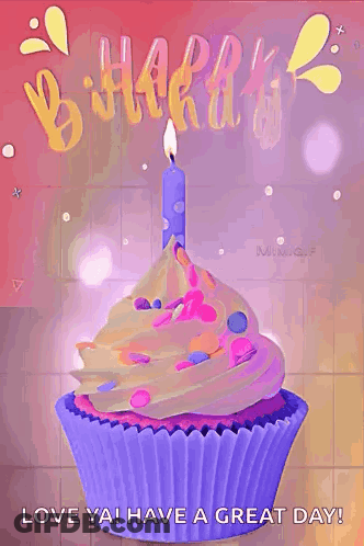A Purple Cupcake With A Blue Candle On Top Of It GIF