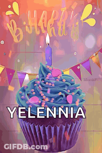 A Purple Cupcake With A Blue Frosting And A Candle With The Name Yelenia On It GIF