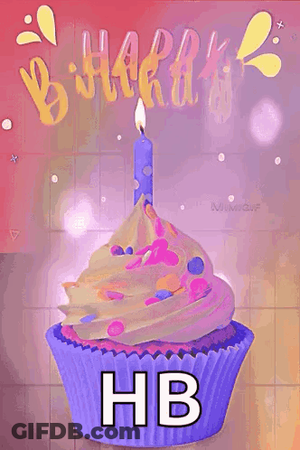 A Purple Cupcake With A Candle On Top Of It And The Words `` Happy Birthday Hb '' . GIF