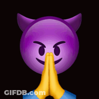 A Purple Devil Emoji With Horns Is Praying With Its Hands Folded . GIF