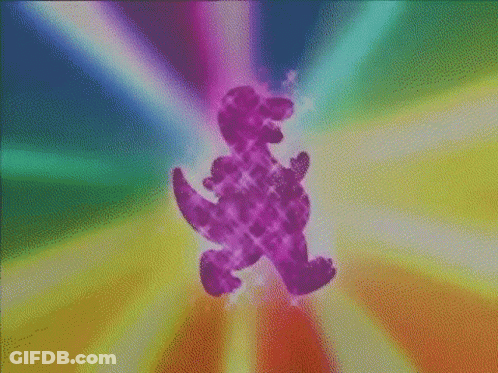 A Purple Dinosaur Is Dancing On A Colorful Background . GIF