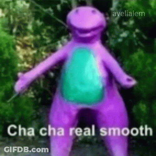 A Purple Dinosaur Is Dancing With The Words `` Cha Cha Real Smooth '' . GIF