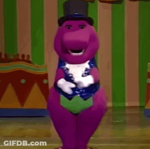 A Purple Dinosaur Is Wearing A Top Hat And Gloves And Dancing . GIF