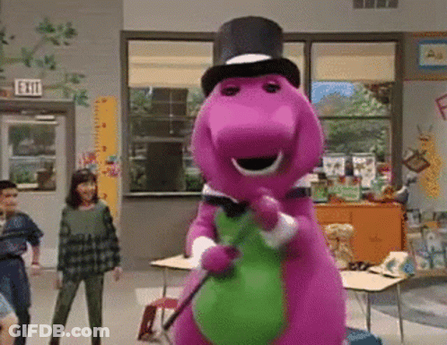 A Purple Dinosaur Is Wearing A Top Hat And Holding A Green Frog . GIF