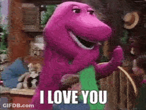 A Purple Dinosaur Says " I Love You " In A Pixelated Image GIF