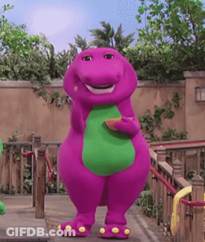 A Purple Dinosaur With A Green Belly Is Holding A Piece Of Fruit GIF