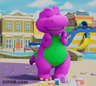 A Purple Dinosaur With A Green Belly Is Standing In Front Of A Building With The Letter A On It GIF
