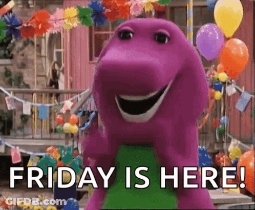 A Purple Dinosaur With Balloons And Flowers Says Friday Is Here GIF