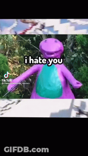 A Purple Dinosaur With The Words `` I Hate You '' On It 'S Face . GIF