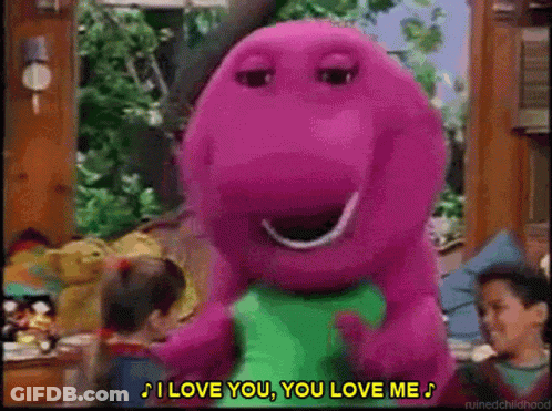 A Purple Dinosaur With The Words I Love You You Love Me GIF