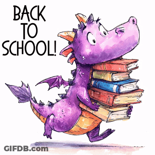 A Purple Dragon Carrying A Stack Of Books With The Words Back To School Written Above It GIF