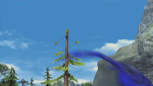 A Purple Dragon Is Flying In The Air With A Blue Sky In The Background GIF