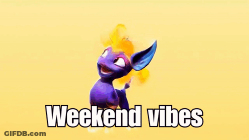 A Purple Dragon Is Standing On A Yellow Background With The Words `` Weekend Vibes '' Written Below It . GIF