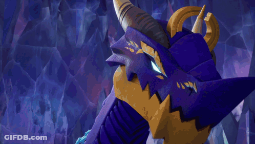 A Purple Dragon With Horns Is Standing In A Cave With A Purple Background . GIF