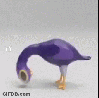 A Purple Duck Is Standing On A White Surface With Its Mouth Open . GIF