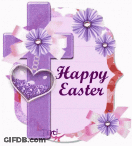 A Purple Easter Card With A Cross And Flowers GIF