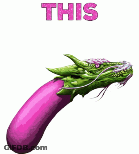 A Purple Eggplant With A Green Dragon 'S Head And The Words " This " Above It GIF