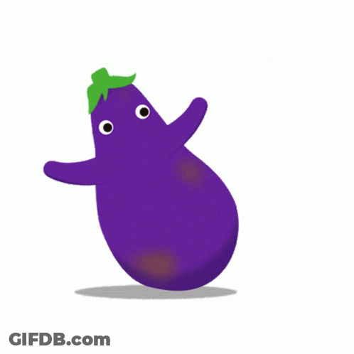 A Purple Eggplant With A Green Leaf On Top Is Dancing GIF