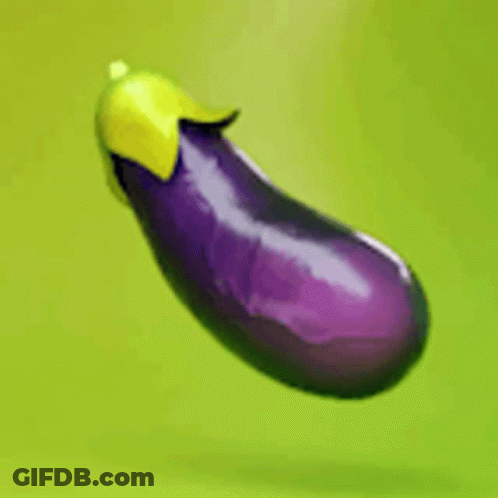 A Purple Eggplant With A Yellow Stem Is Floating In The Air On A Green Background GIF