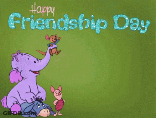 A Purple Elephant Is Holding A Kangaroo And The Words Happy Friendship Day Are On The Green Background GIF