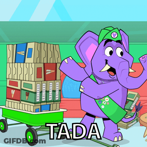 A Purple Elephant Is Pulling A Green Wagon With The Word Tad Written On It GIF