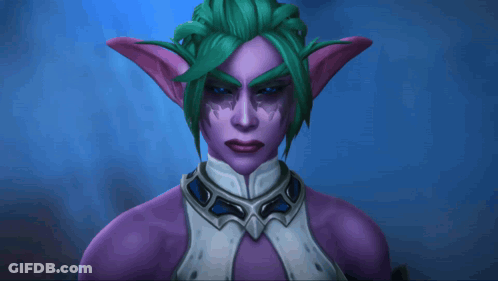 A Purple Elf With Green Hair And A White Collar Has Her Eyes Closed GIF