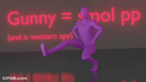 A Purple Figure Sits In Front Of A Sign That Says Gunny = Mol Pp GIF