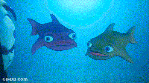 A Purple Fish And A Green Fish Are Swimming Together In The Ocean GIF