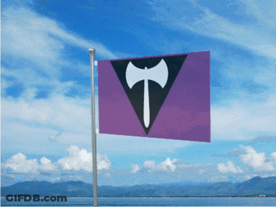 A Purple Flag With A Black Triangle And A White Axe On It GIF