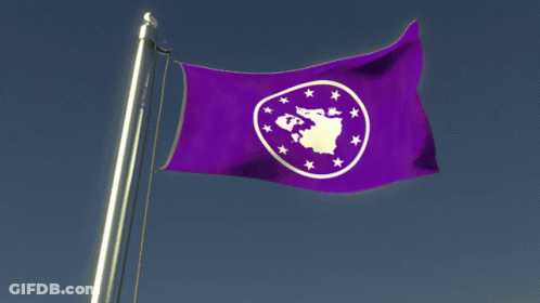 A Purple Flag With A White Circle With A Map And Stars On It GIF