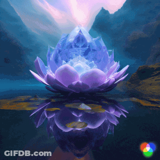 A Purple Flower Is Reflected In The Water With A Light Coming Out Of It GIF