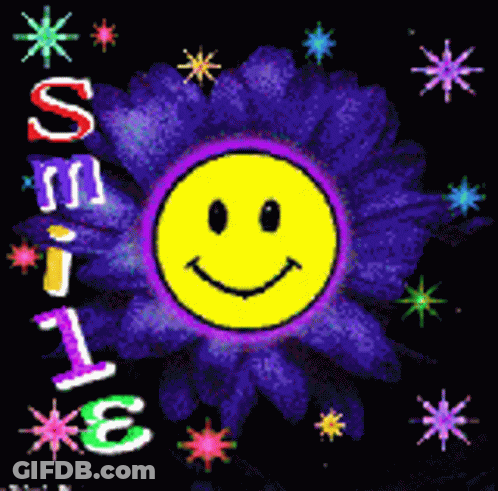 A Purple Flower With A Smiley Face And The Words Smile GIF