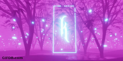 A Purple Forest With Trees And A Neon Sign GIF