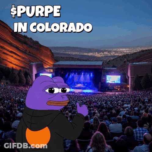 A Purple Frog Giving A Thumbs Up In Front Of A Crowd With The Words Purpe In Colorado GIF