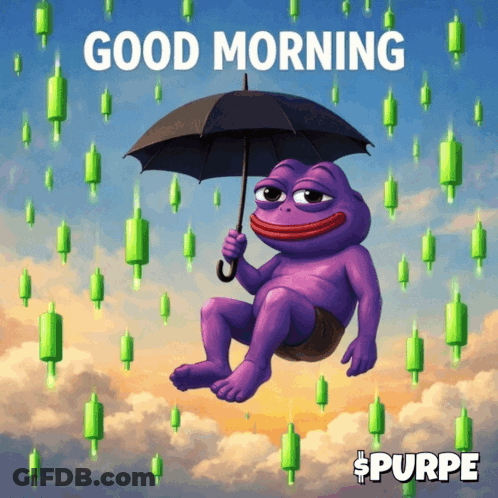 A Purple Frog Holding An Umbrella With The Words " Good Morning " Below It GIF